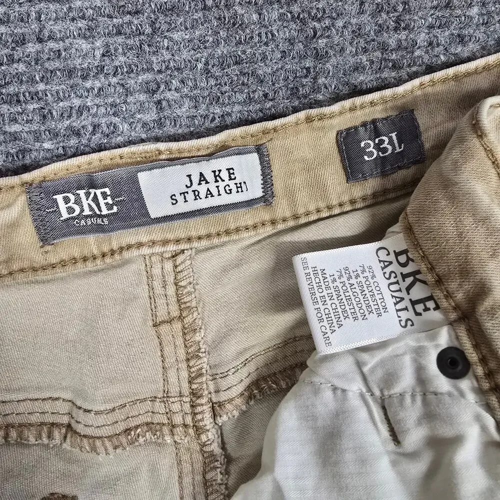 BKE Jake Straight Jeans Mens 33L Measure 32x32 Tan Khaki Straight Leg Buckle